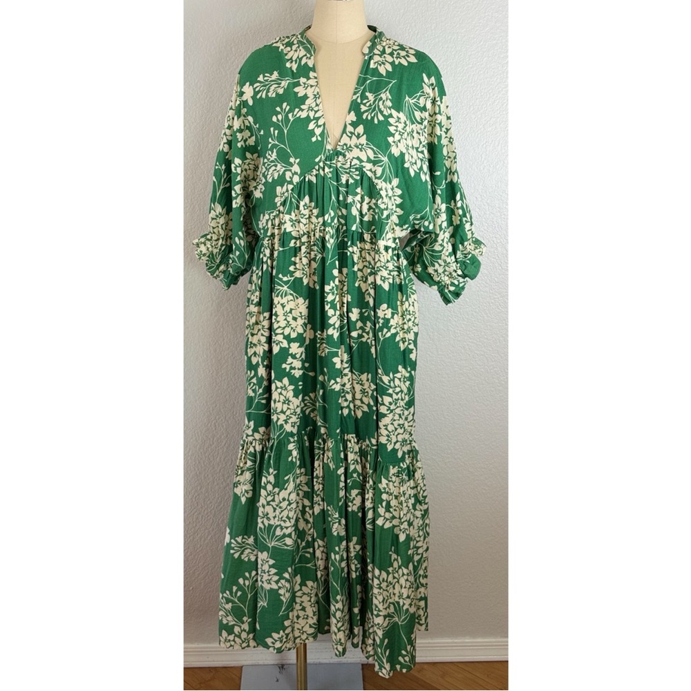 Dress Day Green Floral Maxi Dress with Cream Botanical Print Large